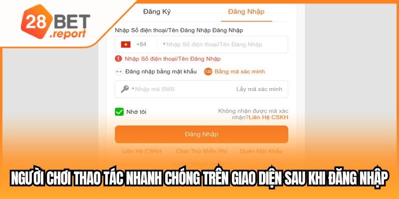 Người chơi thao tác nhanh chóng trên giao diện sau khi đăng nhập